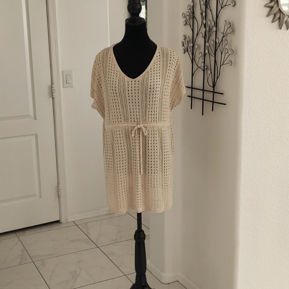 Like New Merokeety Nude Tan Open Weave Knit Tunic Short Cap Sleeves XXL Top - Picture 2 of 13